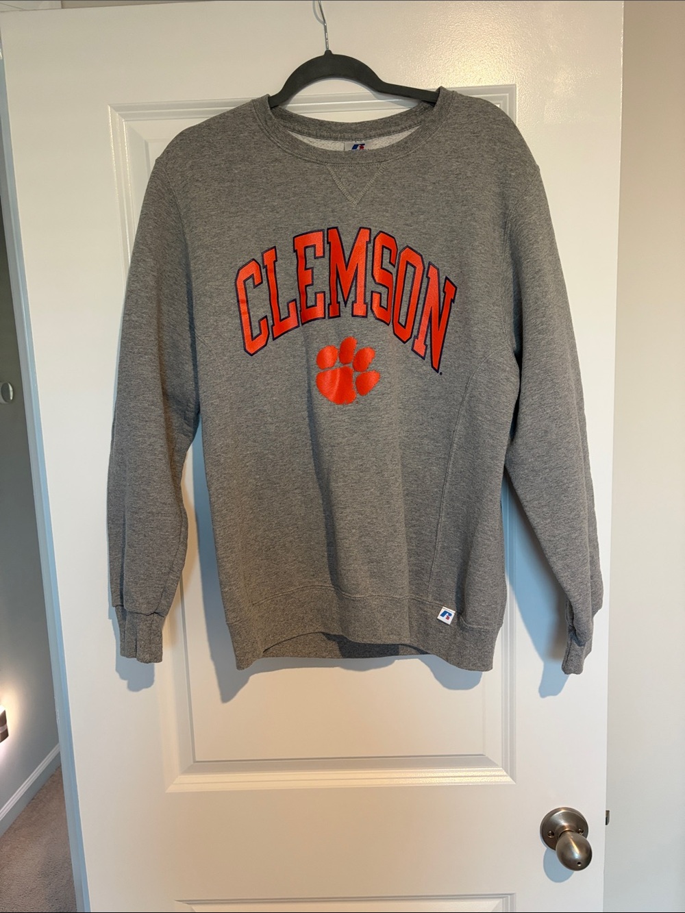 Russell Athletic Gray Crewneck Sweatshirt with Orange Clemson Logo